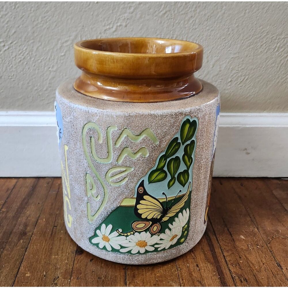 Vintage 1972 Crock Large Planter 4 Seasons Autumn Spring Winter Butterfly